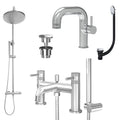 Chrome Side Lever Basin Mixer Tap, Bath Shower Mixer and Rigid Riser Shower with Universal Basin and Bath Waste