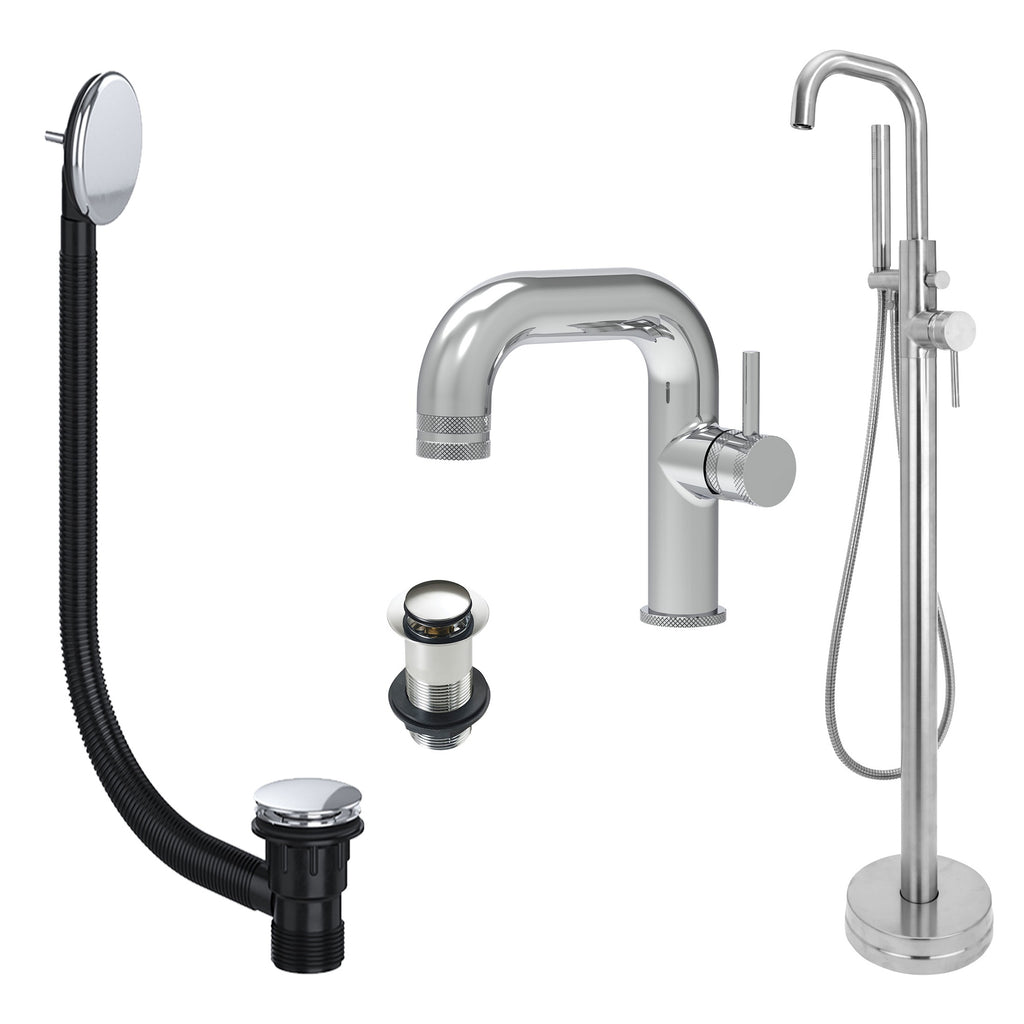 Chrome Side Lever Basin Mixer Tap and Freestanding Bath Shower Mixer Tap with Handset and Unslotted Basin and Bath Waste
