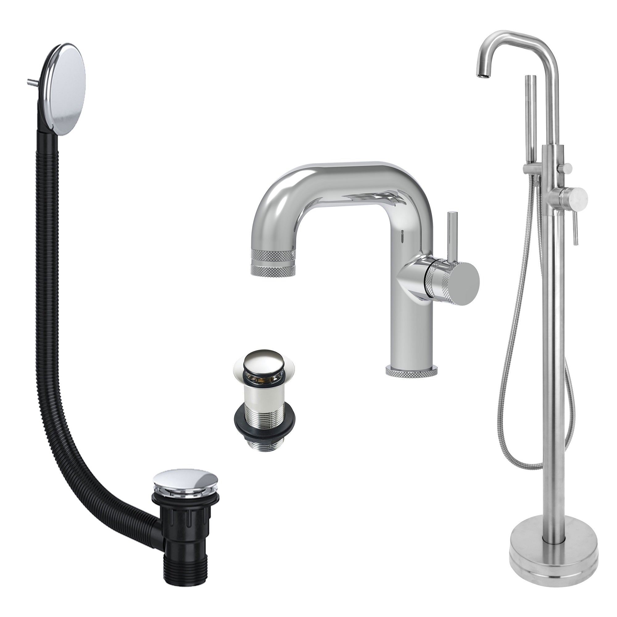 Chrome Side Lever Basin Mixer Tap and Freestanding Bath Shower Mixer Tap with Handset and Unslotted Basin and Bath Waste