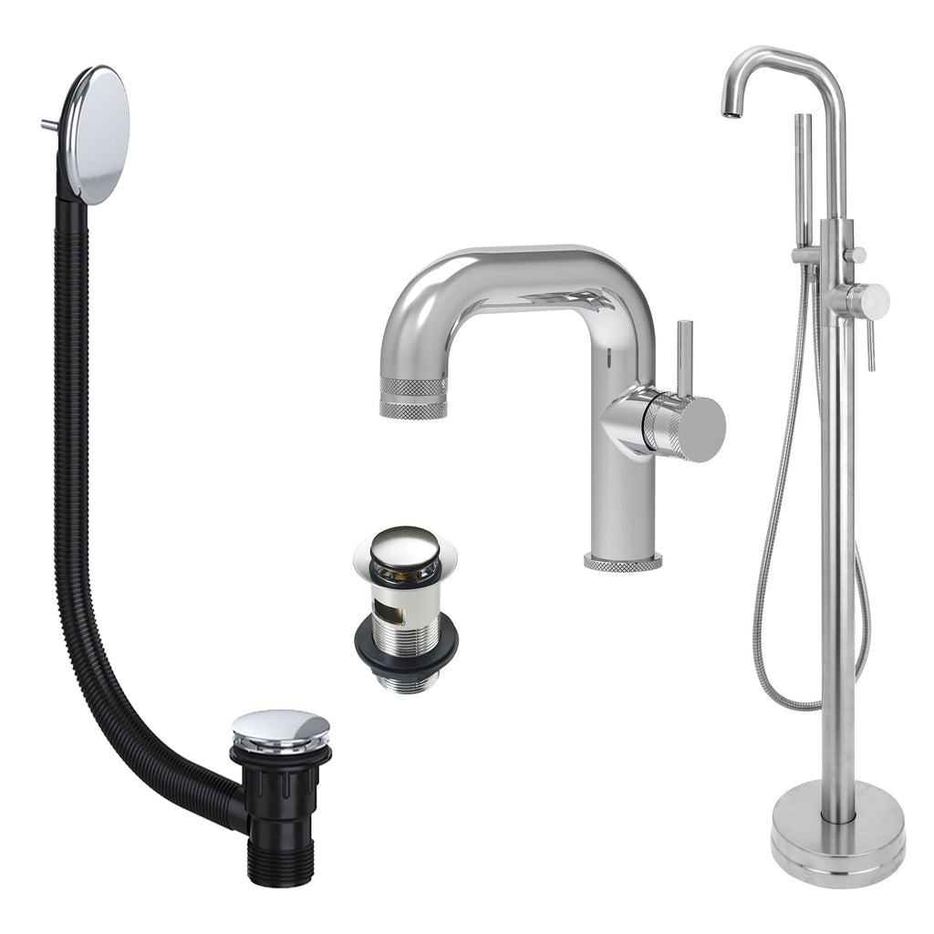 Chrome Side Lever Basin Mixer Tap and Freestanding Bath Shower Mixer Tap with Handset and Slotted Basin and Bath Waste