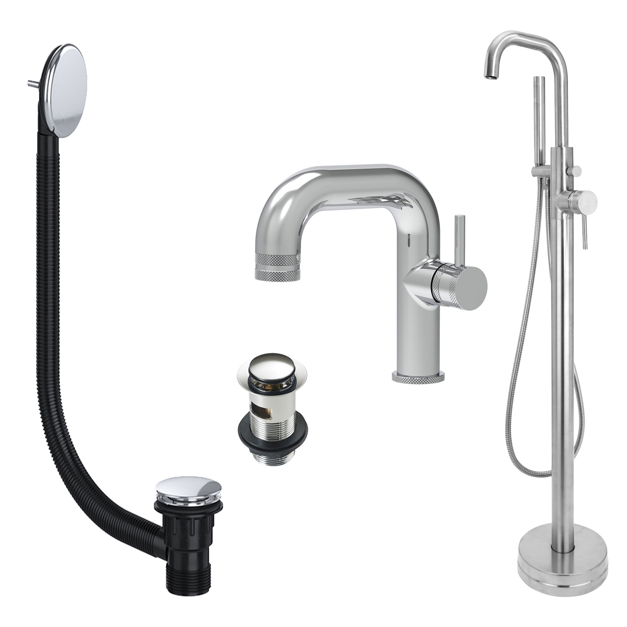 Chrome Side Lever Basin Mixer Tap and Freestanding Bath Shower Mixer Tap with Handset and Slotted Basin and Bath Waste