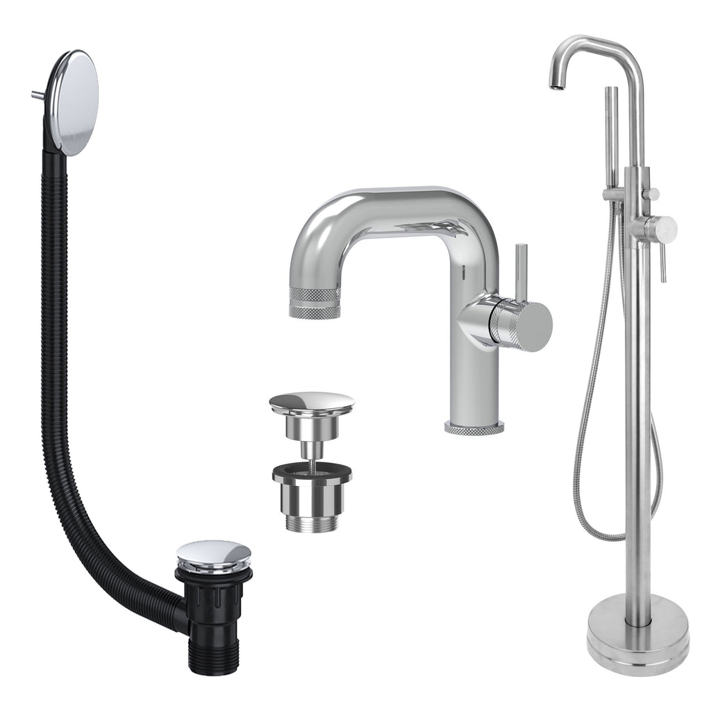 Chrome Side Lever Basin Mixer Tap and Freestanding Bath Shower Mixer Tap with Handset and Universal Basin and Bath Waste