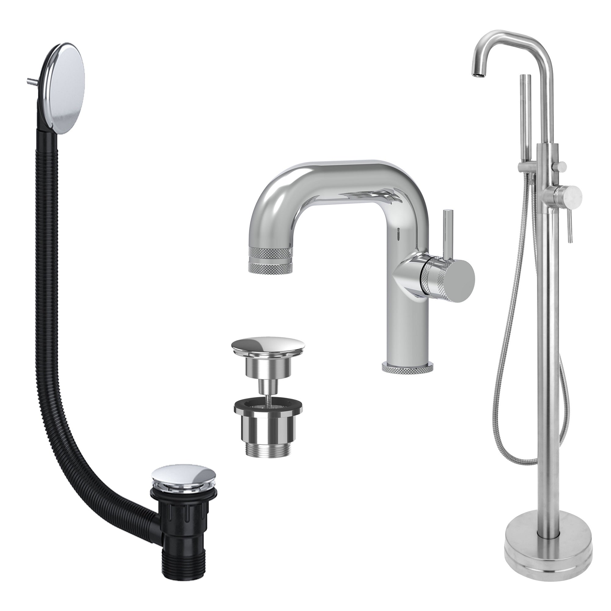 Chrome Side Lever Basin Mixer Tap and Freestanding Bath Shower Mixer Tap with Handset and Universal Basin and Bath Waste
