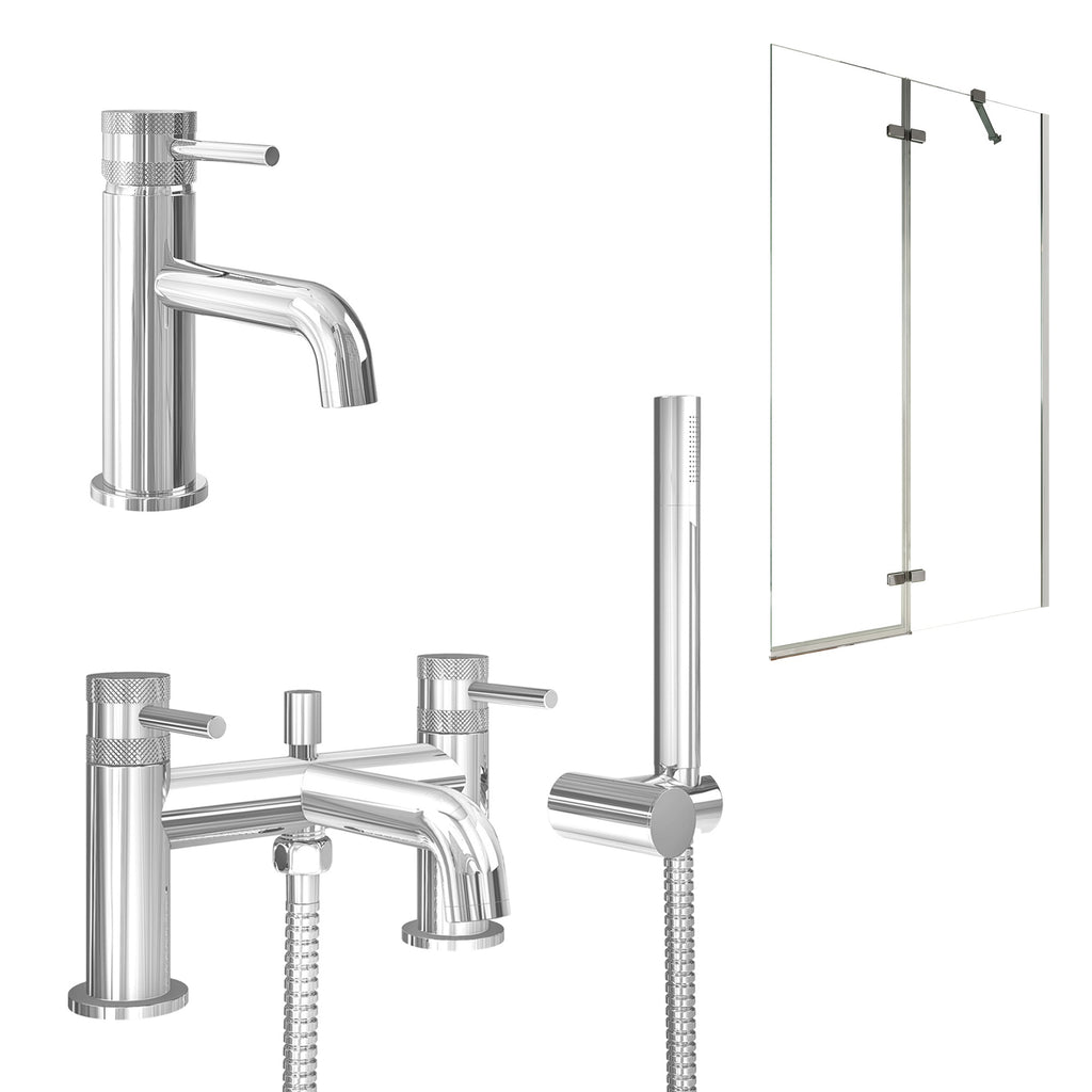 Chrome Basin Mixer Tap, Bath Shower Mixer and Pivot Bath Screen