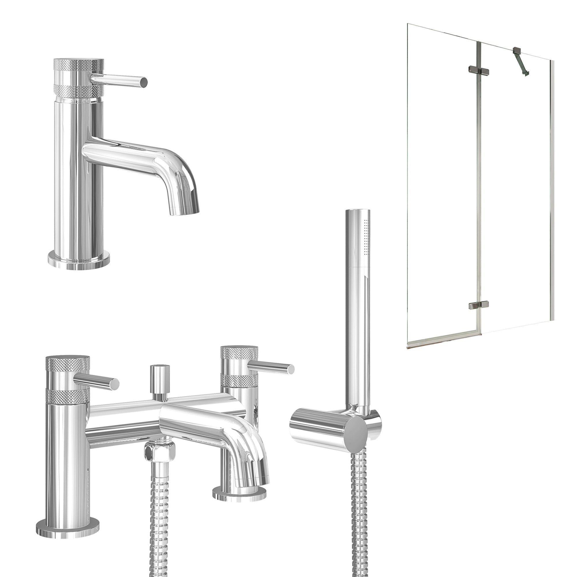 Chrome Basin Mixer Tap, Bath Shower Mixer and Pivot Bath Screen