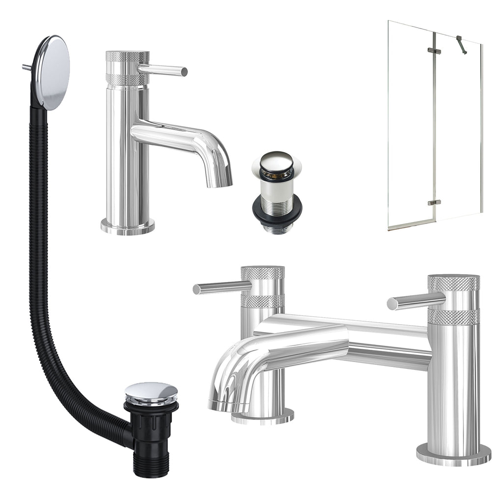 Chrome Basin Mixer Tap, Bath Filler with Unslotted Basin and Bath Waste and Pivot Bath Screen