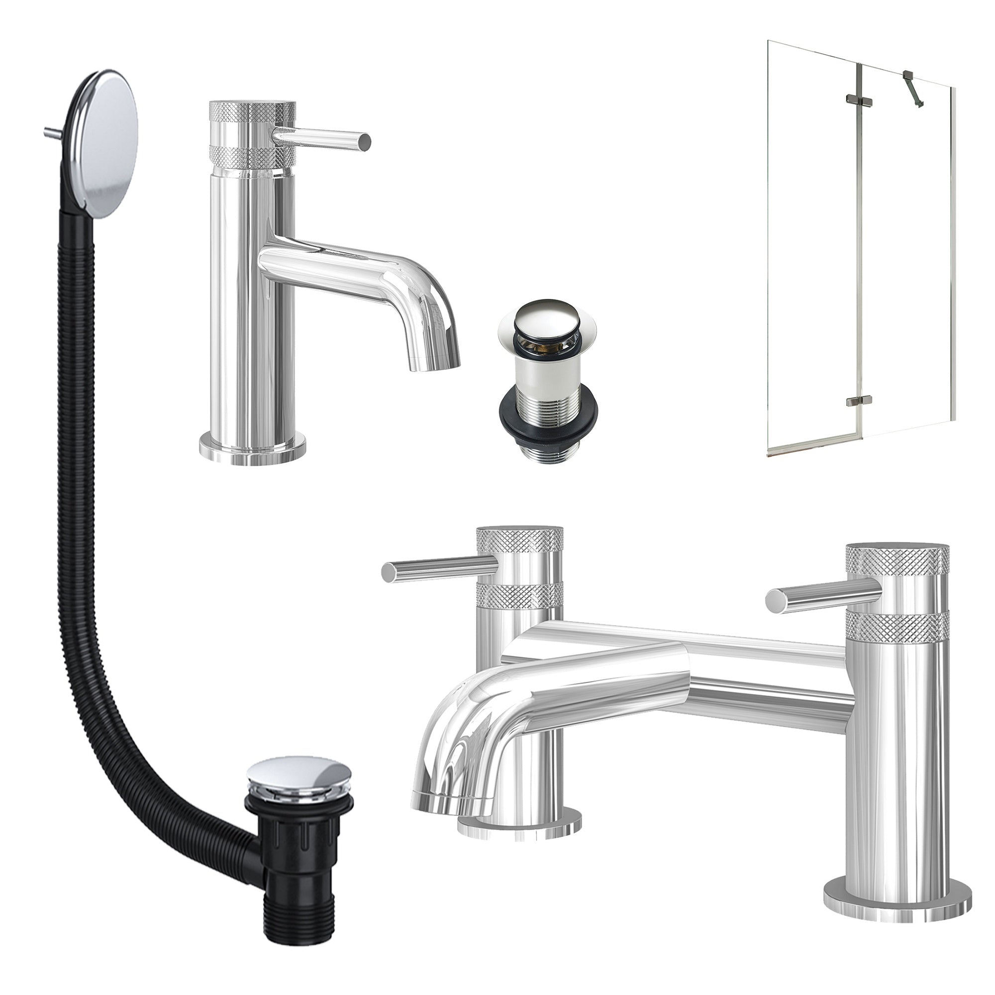 Chrome Basin Mixer Tap, Bath Filler with Unslotted Basin and Bath Waste and Pivot Bath Screen