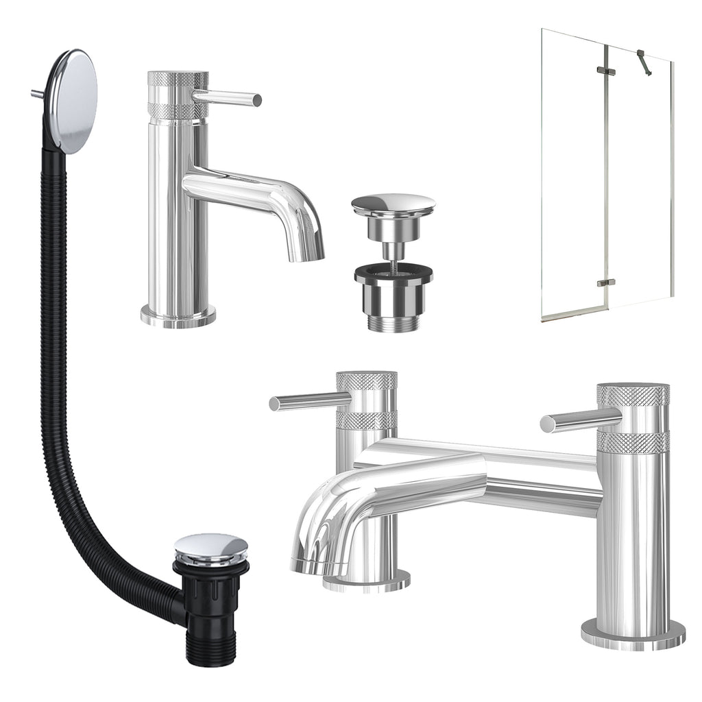 Chrome Basin Mixer Tap, Bath Filler with Universal Basin and Bath Waste and Pivot Bath Screen