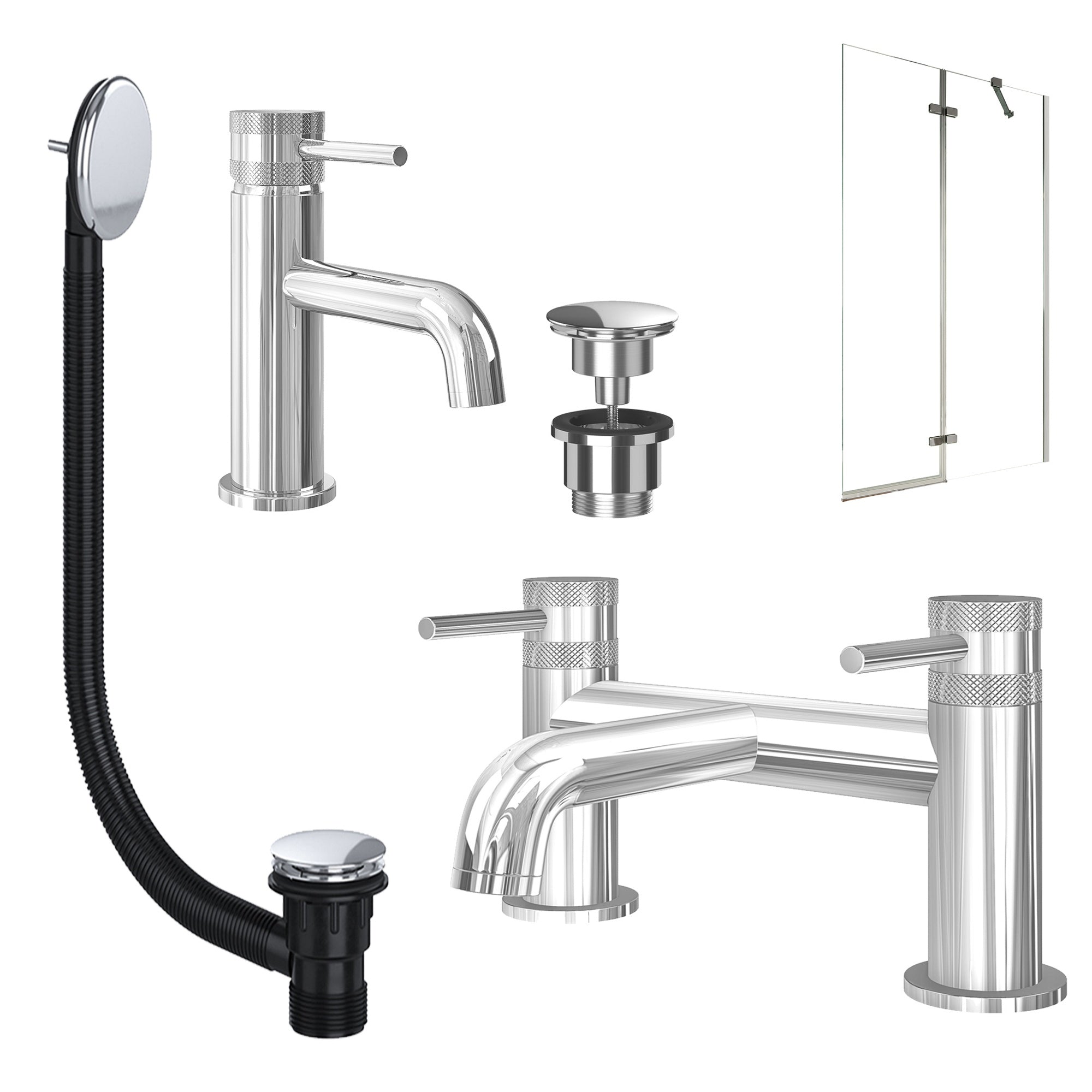Chrome Basin Mixer Tap, Bath Filler with Universal Basin and Bath Waste and Pivot Bath Screen