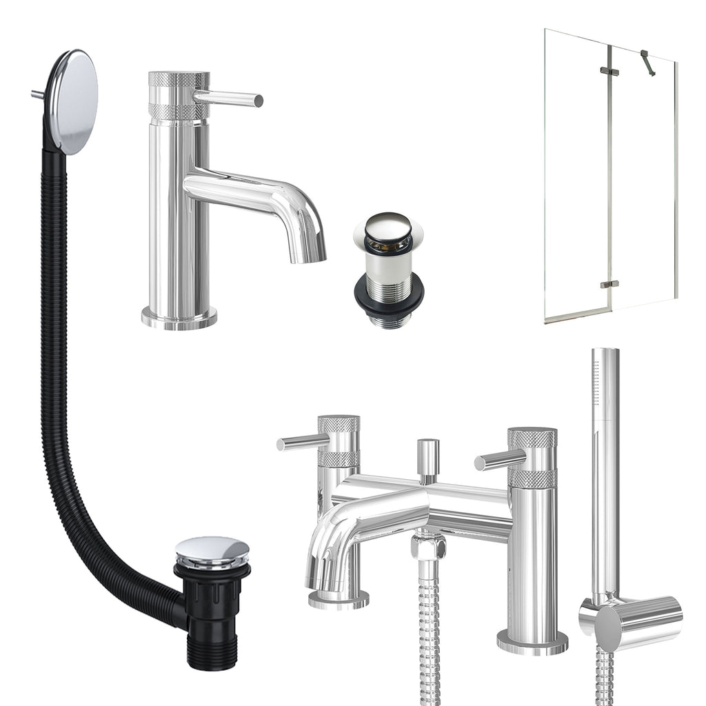 Chrome Basin Mixer Tap, Bath Shower Mixer with Unslotted Basin and Bath Waste and Pivot Bath Screen