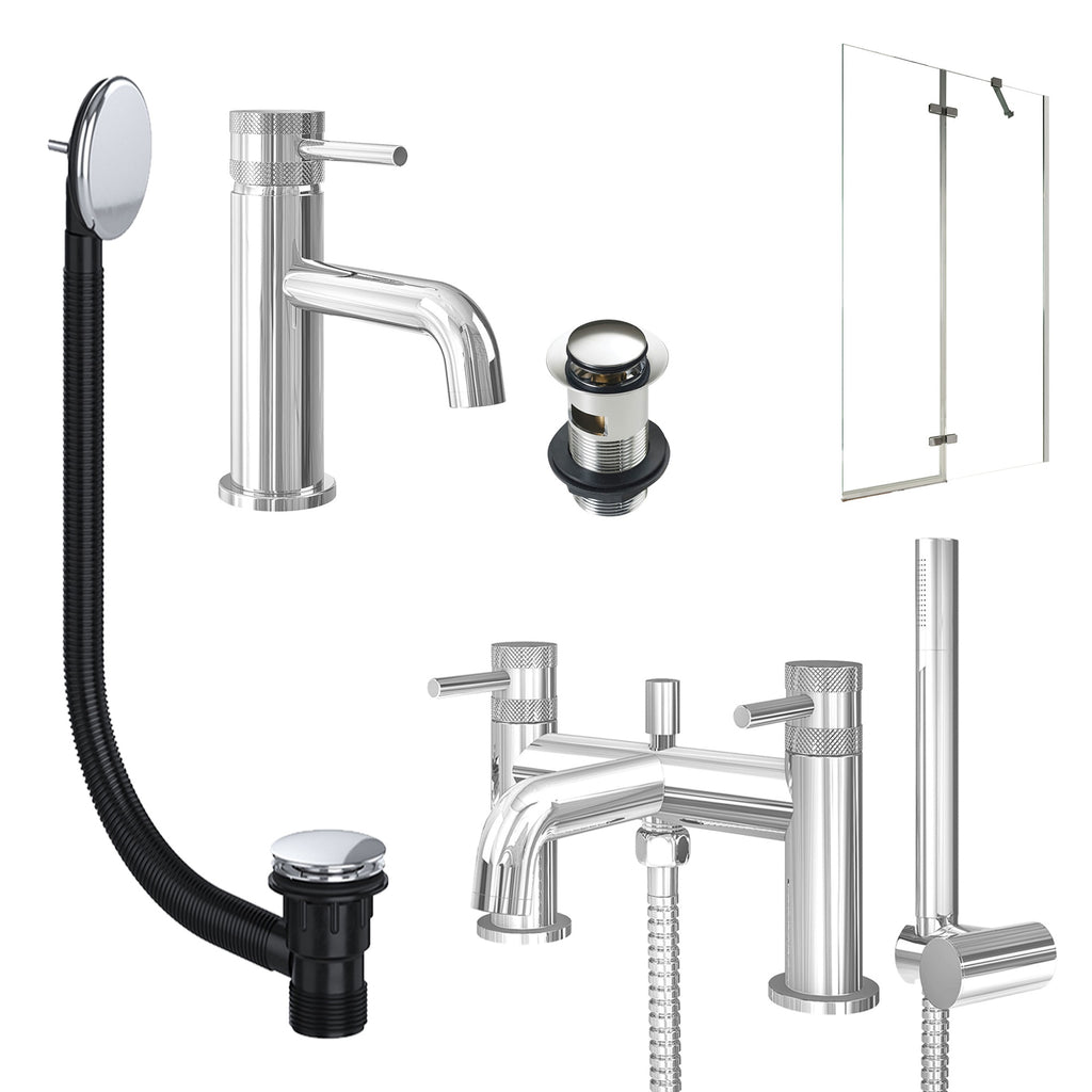 Chrome Basin Mixer Tap, Bath Shower Mixer with Slotted Basin and Bath Waste and Pivot Bath Screen