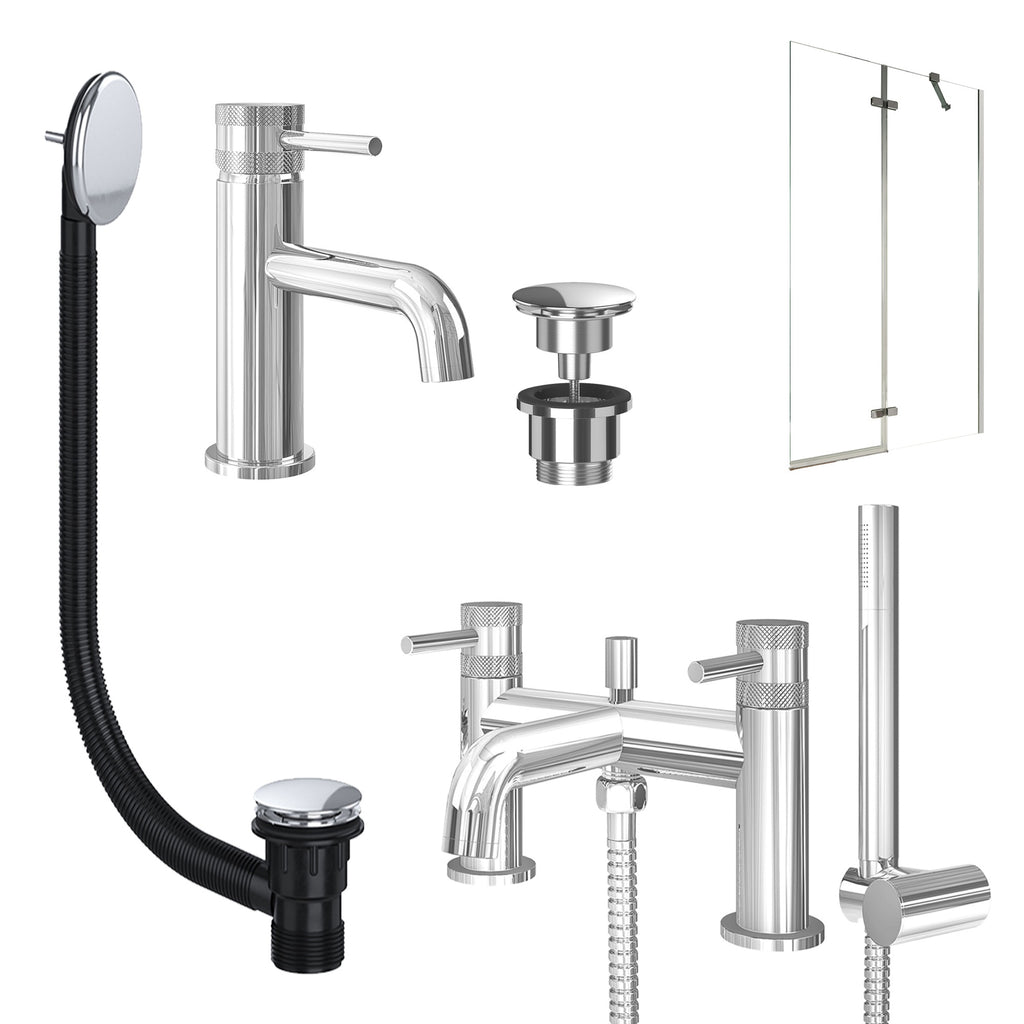 Chrome Basin Mixer Tap, Bath Shower Mixer with Universal Basin and Bath Waste and Pivot Bath Screen