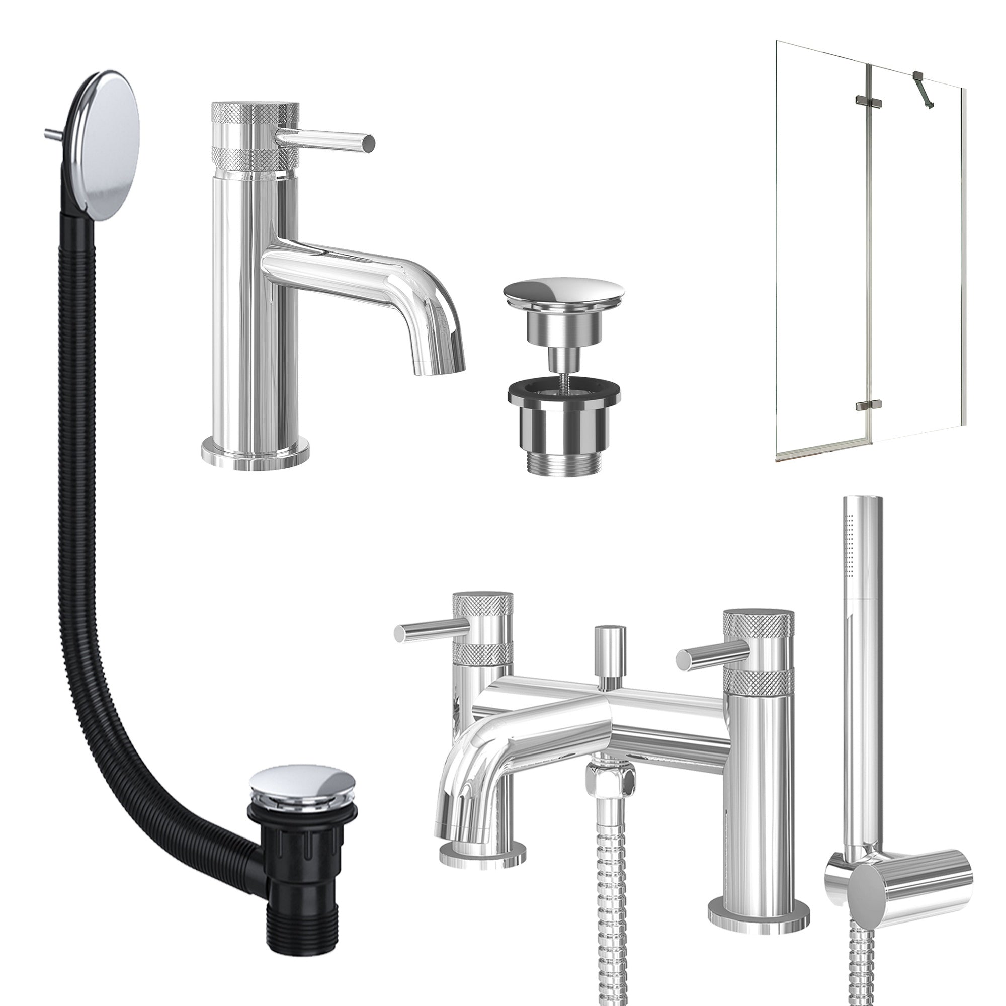Chrome Basin Mixer Tap, Bath Shower Mixer with Universal Basin and Bath Waste and Pivot Bath Screen