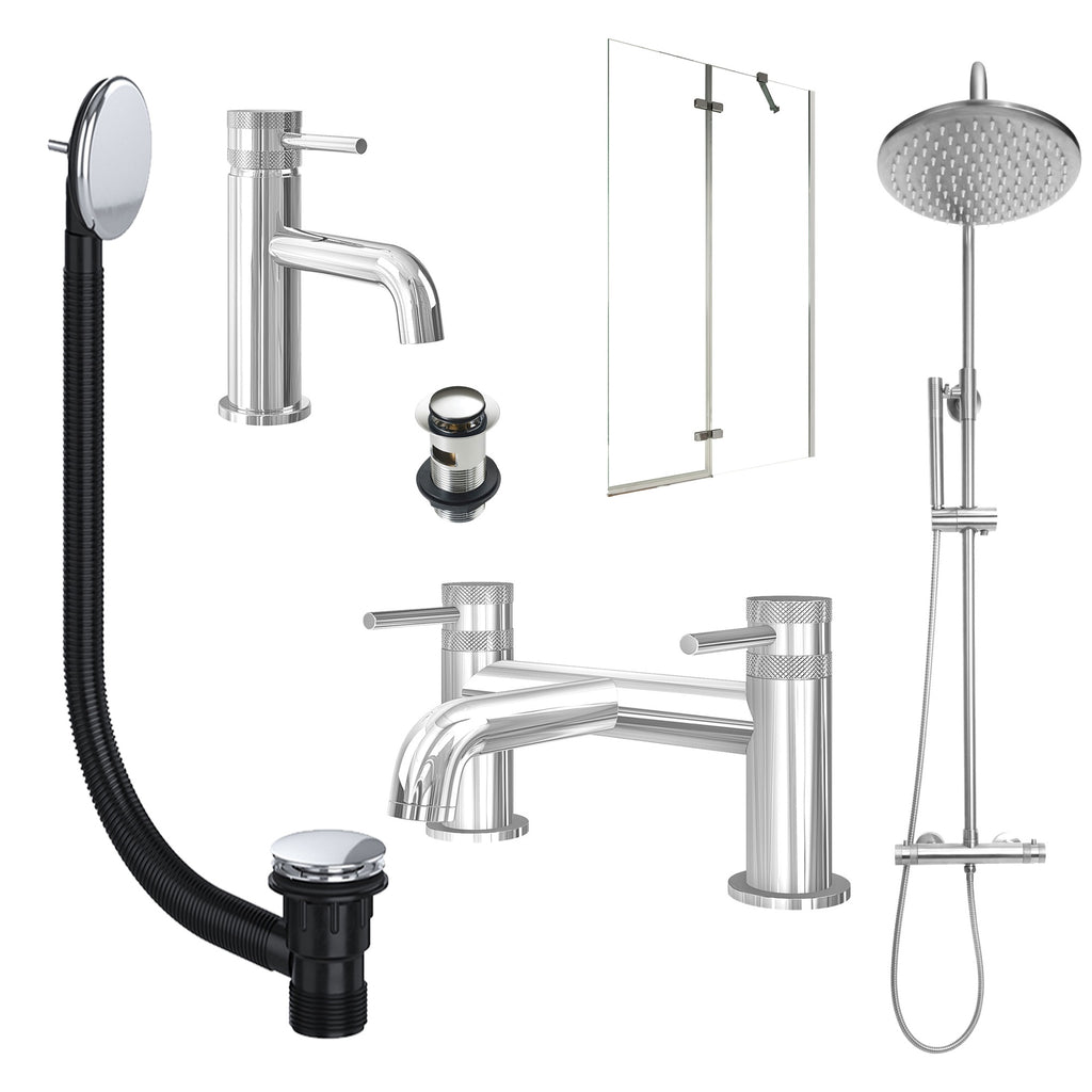 Chrome Basin Mixer Tap, Bath Filler and Rigid Shower with Unslotted Basin and Bath Waste and Pivot Bath Screen