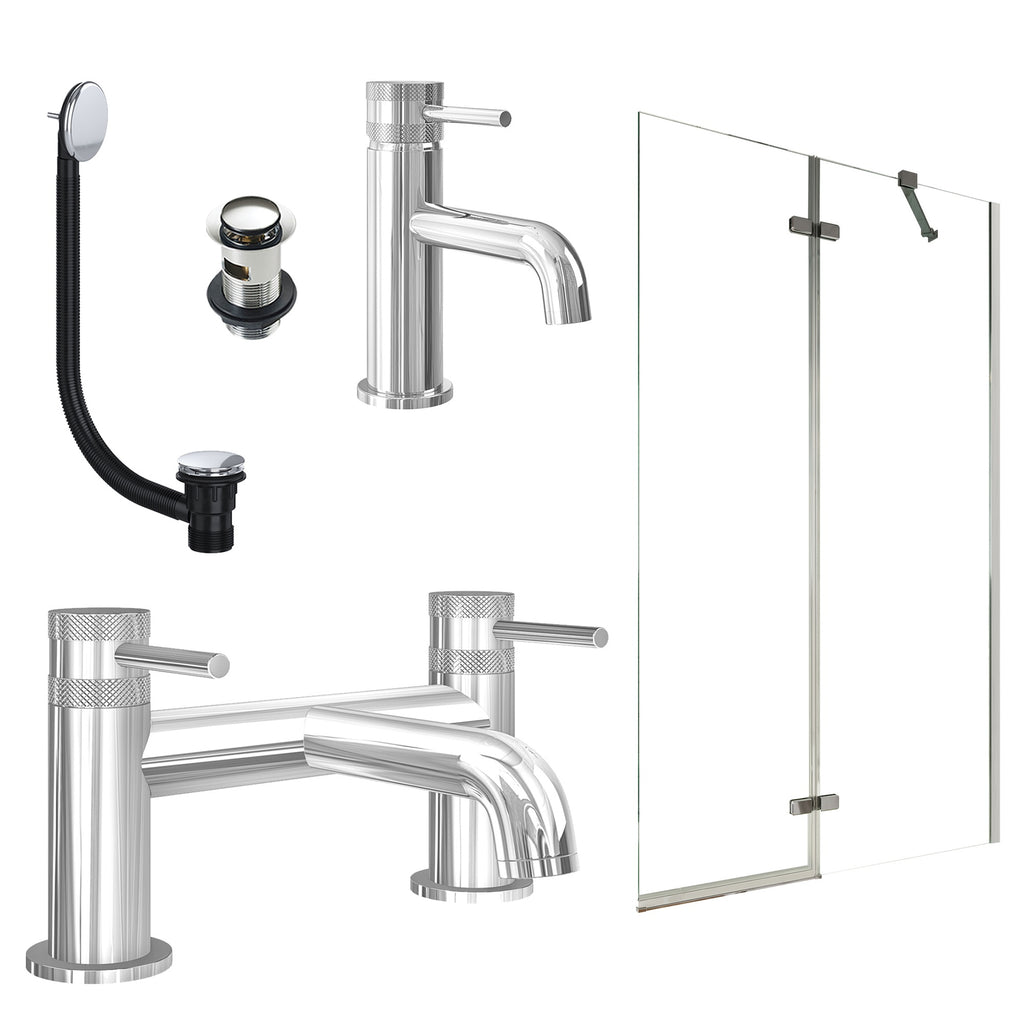 Chrome Basin Mixer Tap, Bath Filler and Rigid Shower with Slotted Basin and Bath Waste and Pivot Bath Screen