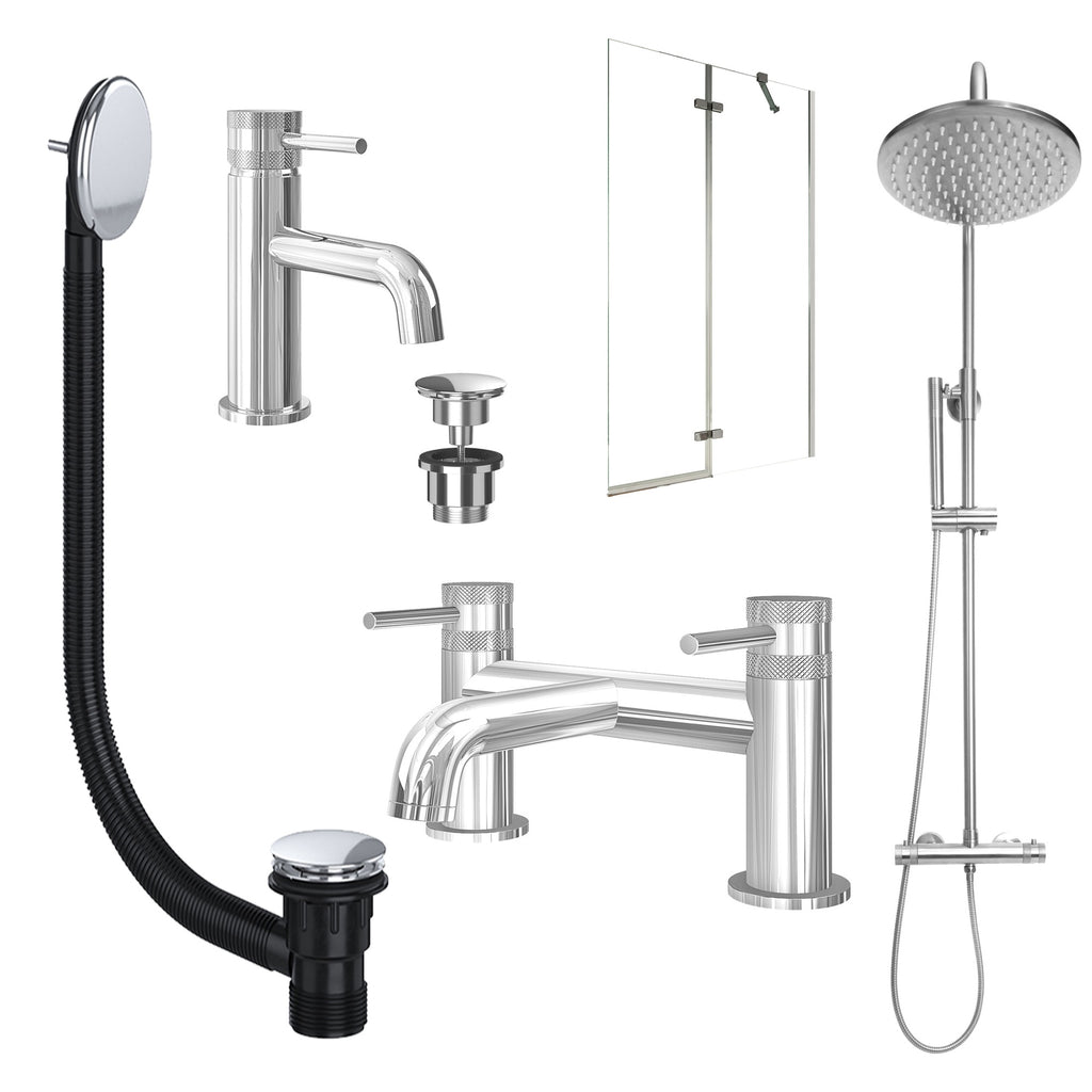 Chrome Basin Mixer Tap, Bath Filler and Rigid Shower with Universal Basin and Bath Waste and Pivot Bath Screen