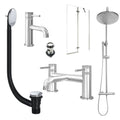 Chrome Basin Mixer Tap, Bath Shower Mixer and Rigid Shower with Slotted Basin and Bath Waste and Pivot Bath Screen