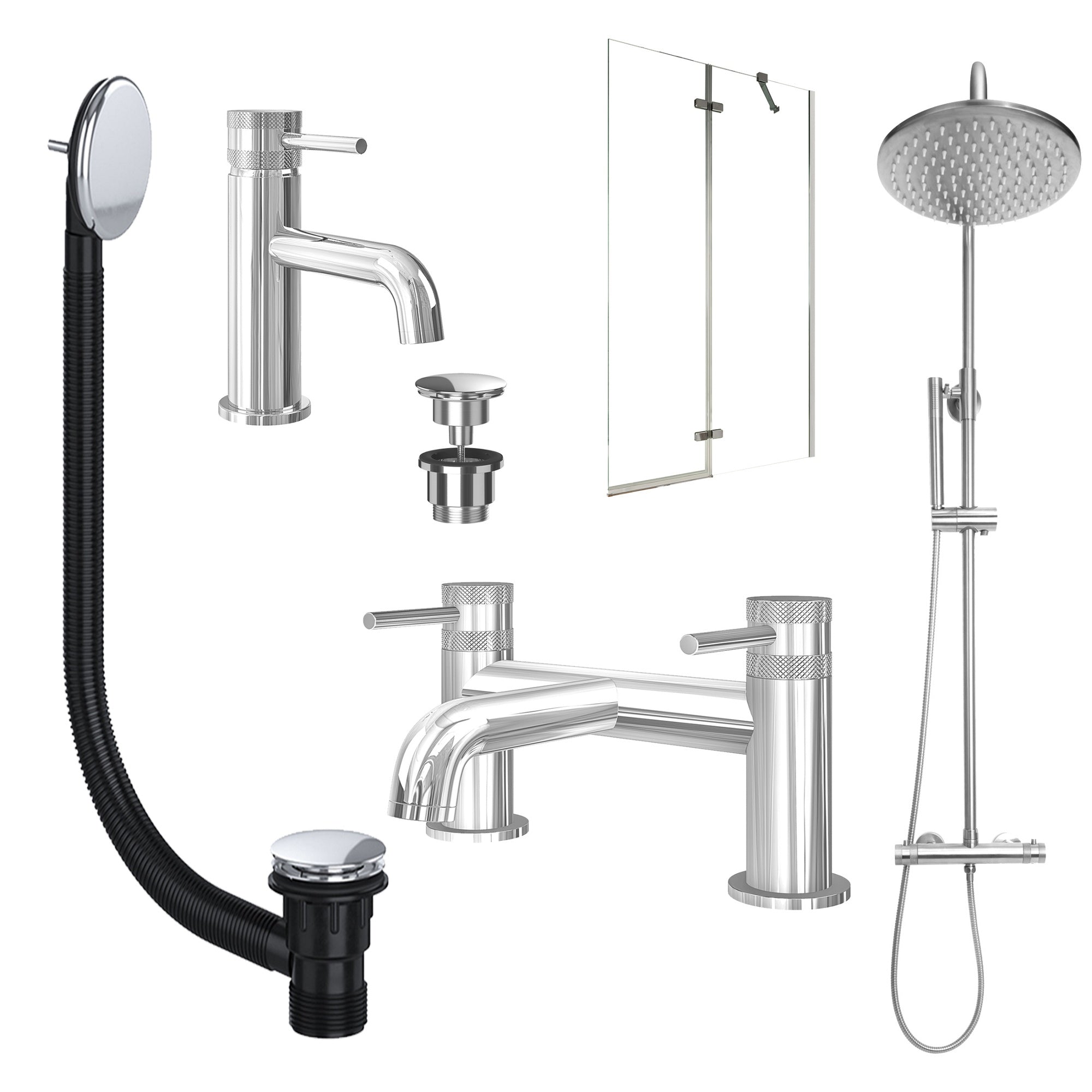 Chrome Basin Mixer Tap, Bath Shower Mixer and Rigid Shower with Universal Basin and Bath Waste and Pivot Bath Screen