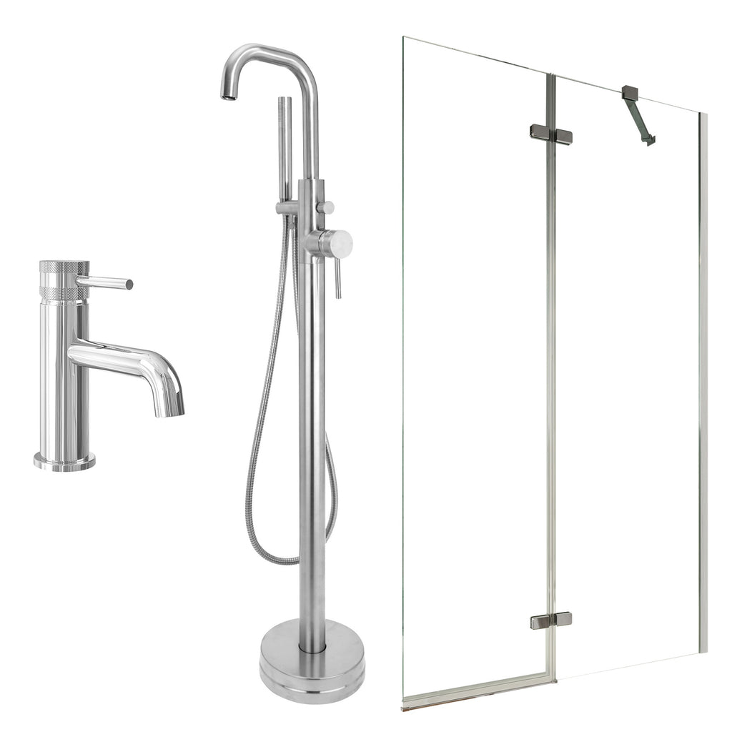 Chrome Basin Mixer and Freestanding Bath Shower Mixer and Pivot Bath Screen