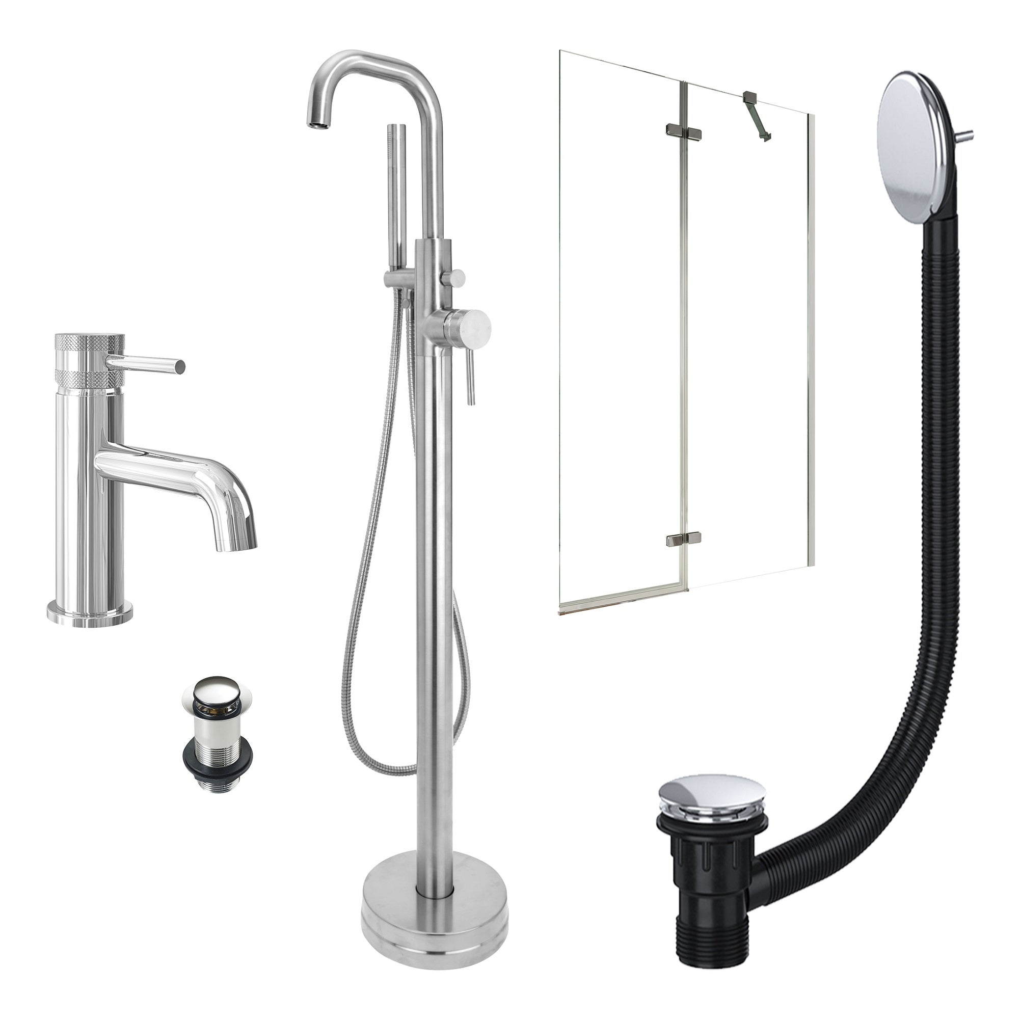 Chrome Basin Mixer and Freestanding Bath Shower Mixer and Unslotted Basin and Bath Waste and Pivot Bath Screen