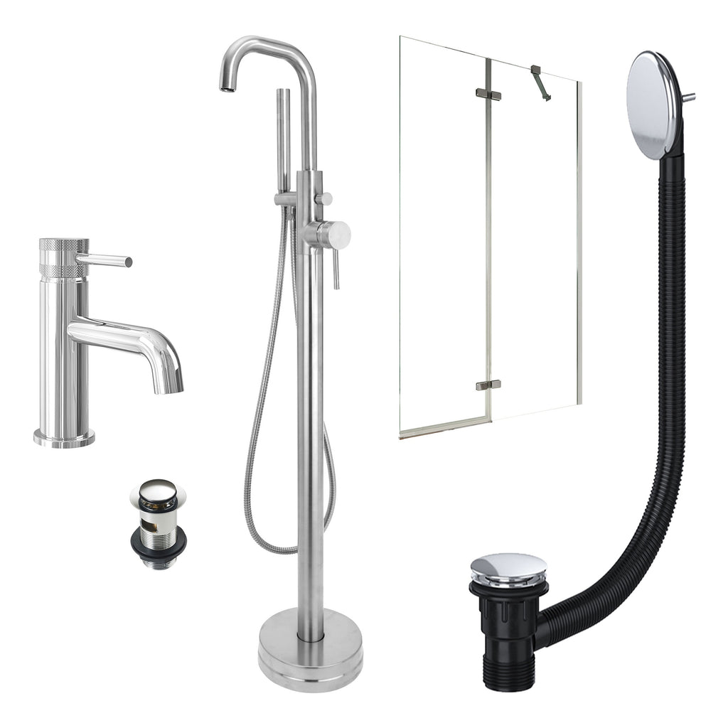Chrome Basin Mixer and Freestanding Bath Shower Mixer and Slotted Basin and Bath Waste and Pivot Bath Screen