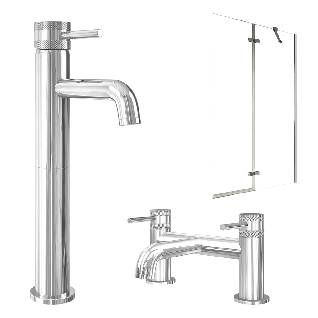 Chrome Tall Basin Mixer Tap with Bath Filler and Pivot Bath Screen