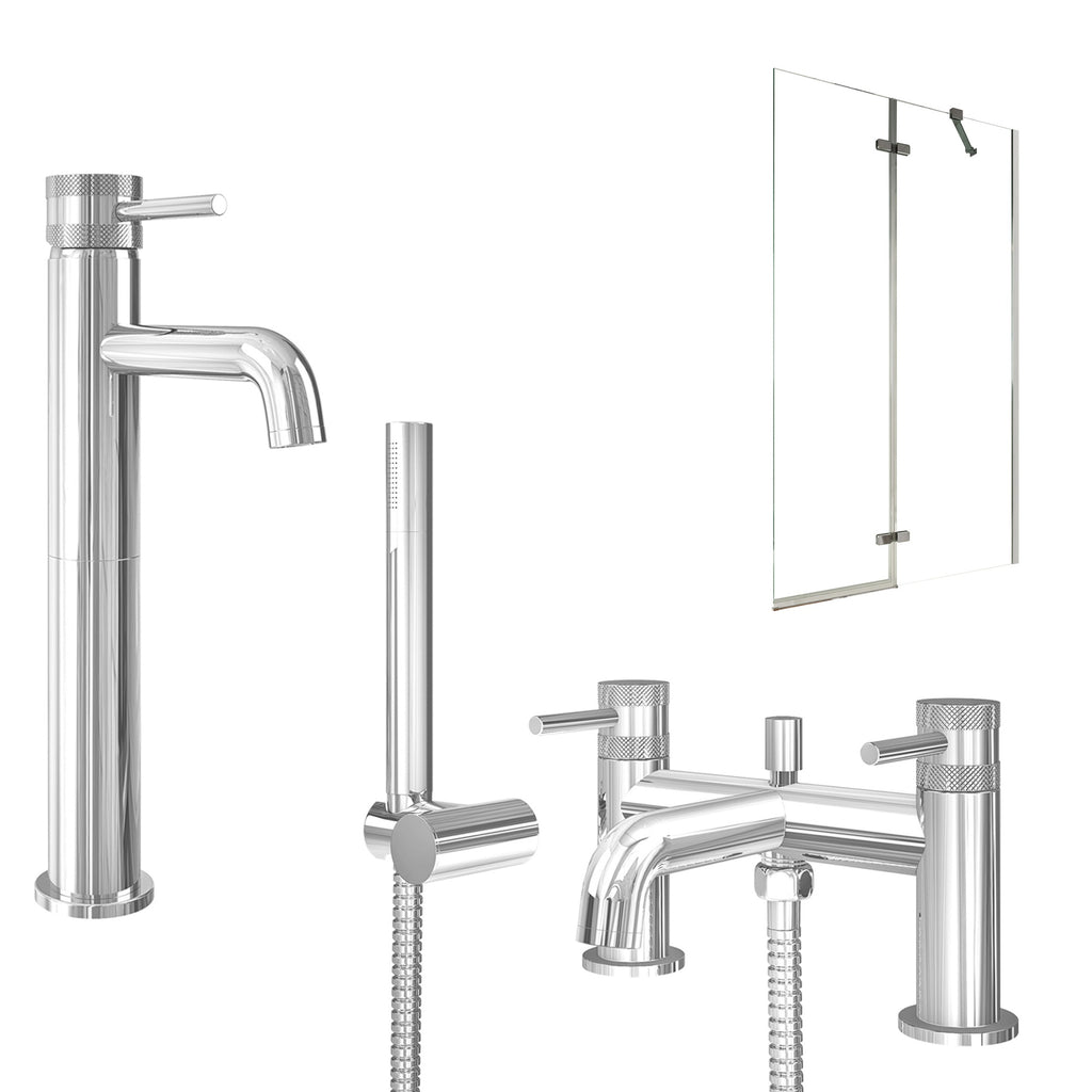 Chrome Tall Basin Mixer Tap, Bath Shower Mixer and Pivot Bath Screen