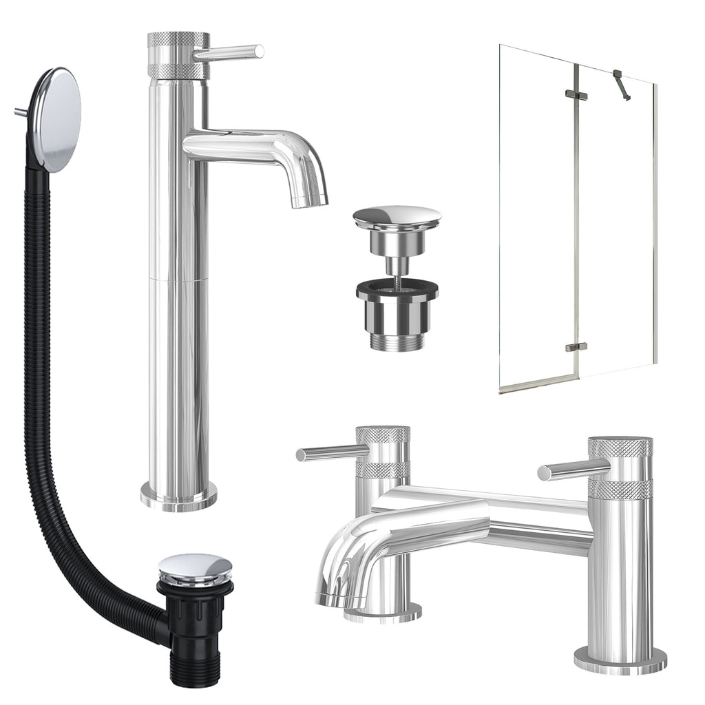 Chrome Tall Basin Mixer Tap, Bath Filler with Universal Basin and Bath Waste and Pivot Bath Screen