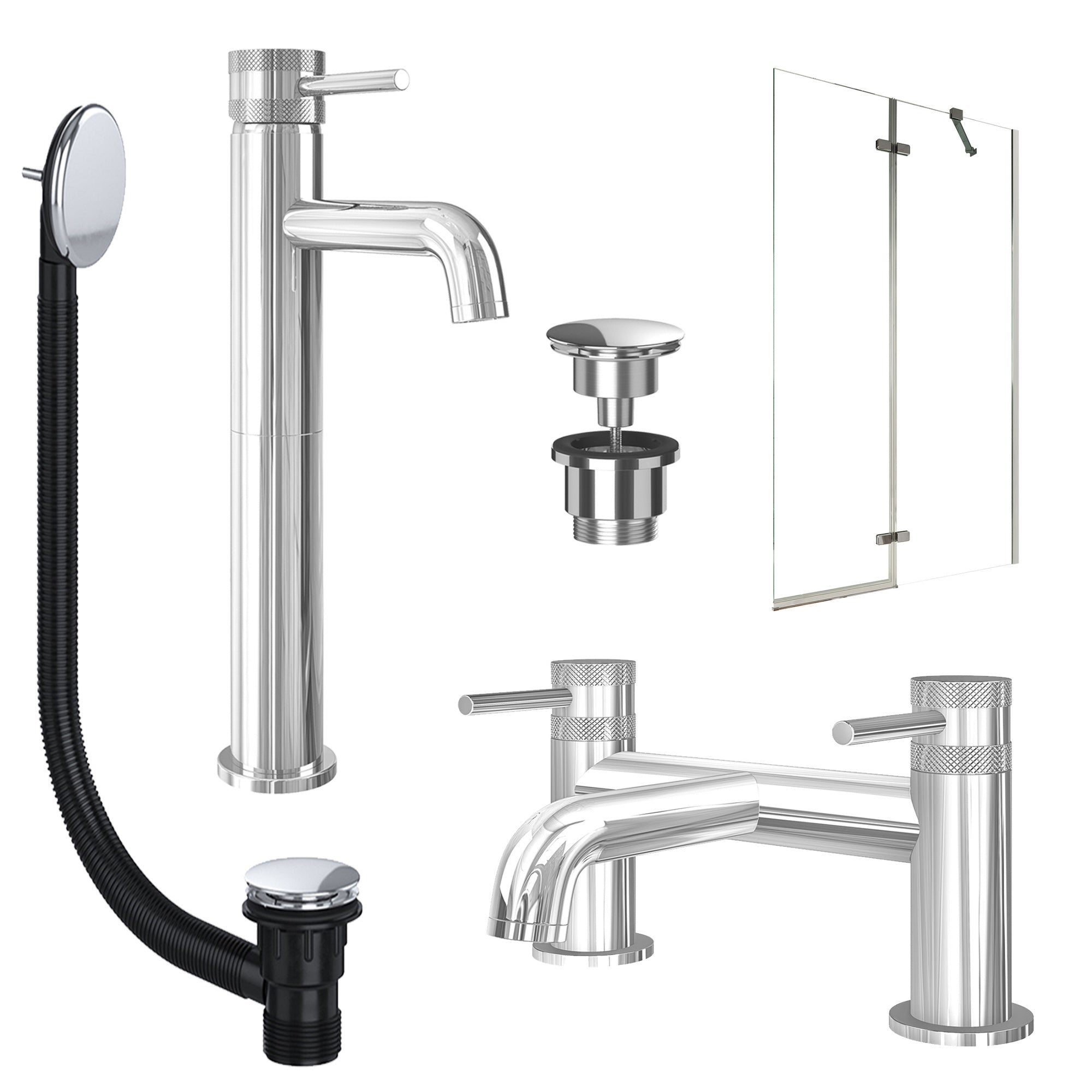 Chrome Tall Basin Mixer Tap, Bath Filler with Universal Basin and Bath Waste and Pivot Bath Screen