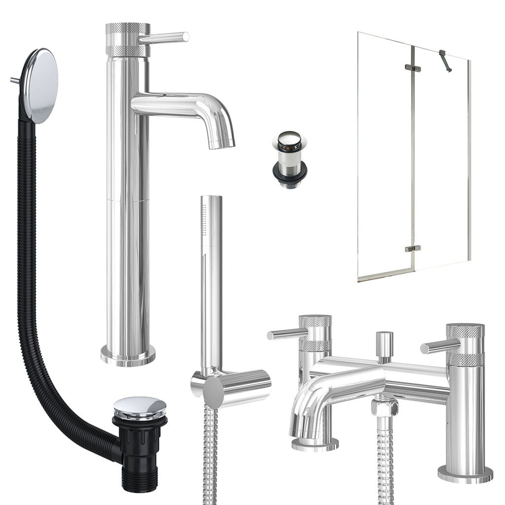 Chrome Tall Basin Mixer Tap, Bath Shower Mixer with Unslotted Basin and Bath Waste and Pivot Bath Screen