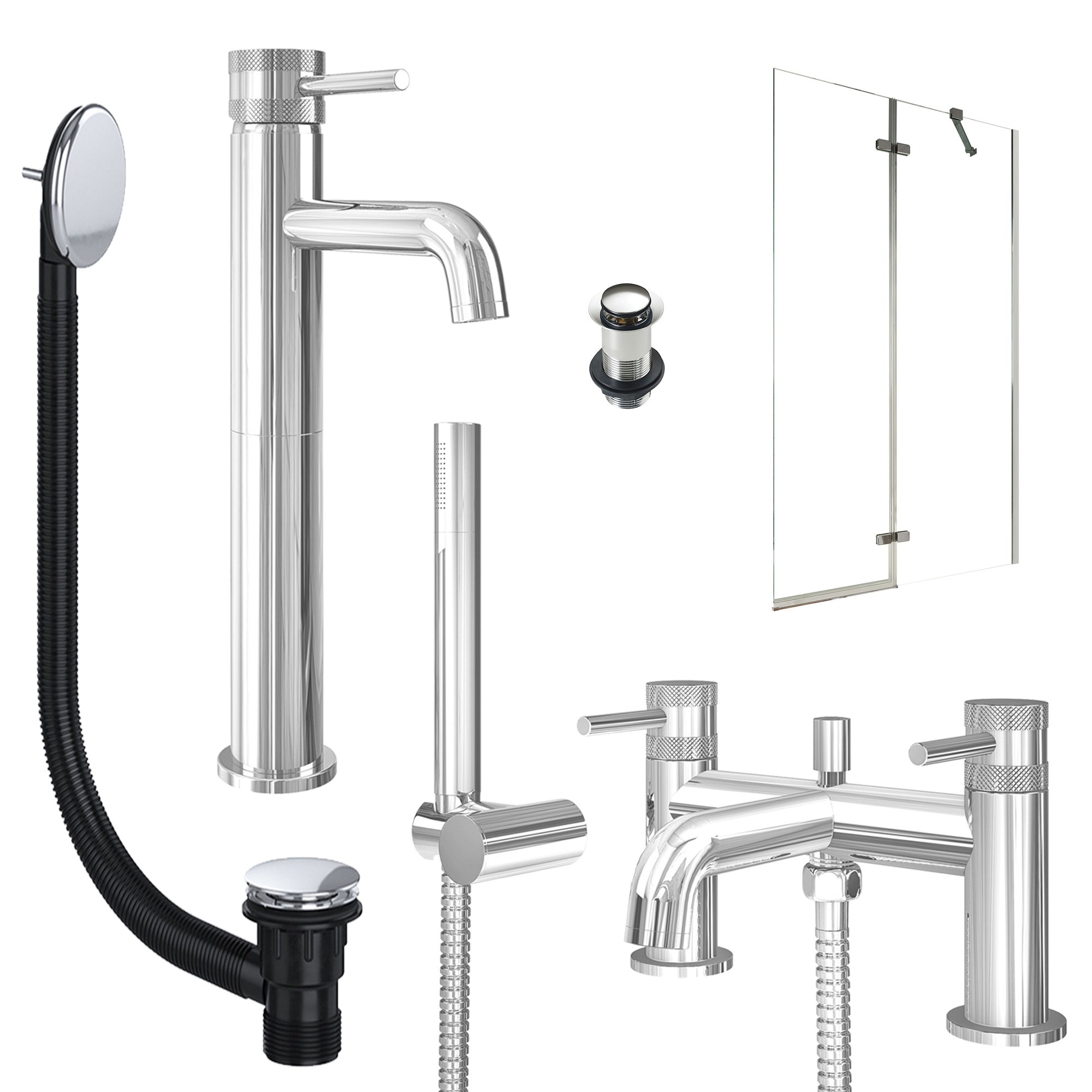 Chrome Tall Basin Mixer Tap, Bath Shower Mixer with Unslotted Basin and Bath Waste and Pivot Bath Screen