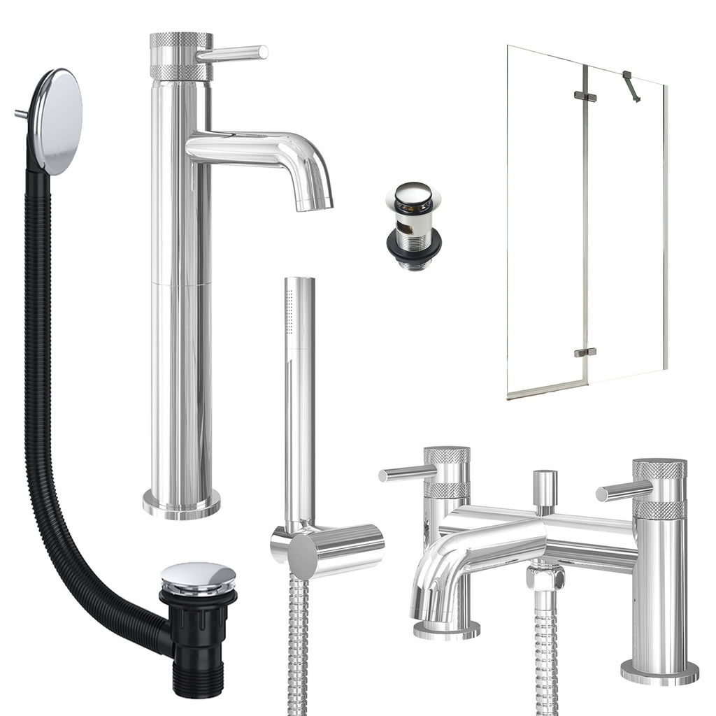 Chrome Tall Basin Mixer Tap, Bath Shower Mixer with Slotted Basin and Bath Waste and Pivot Bath Screen