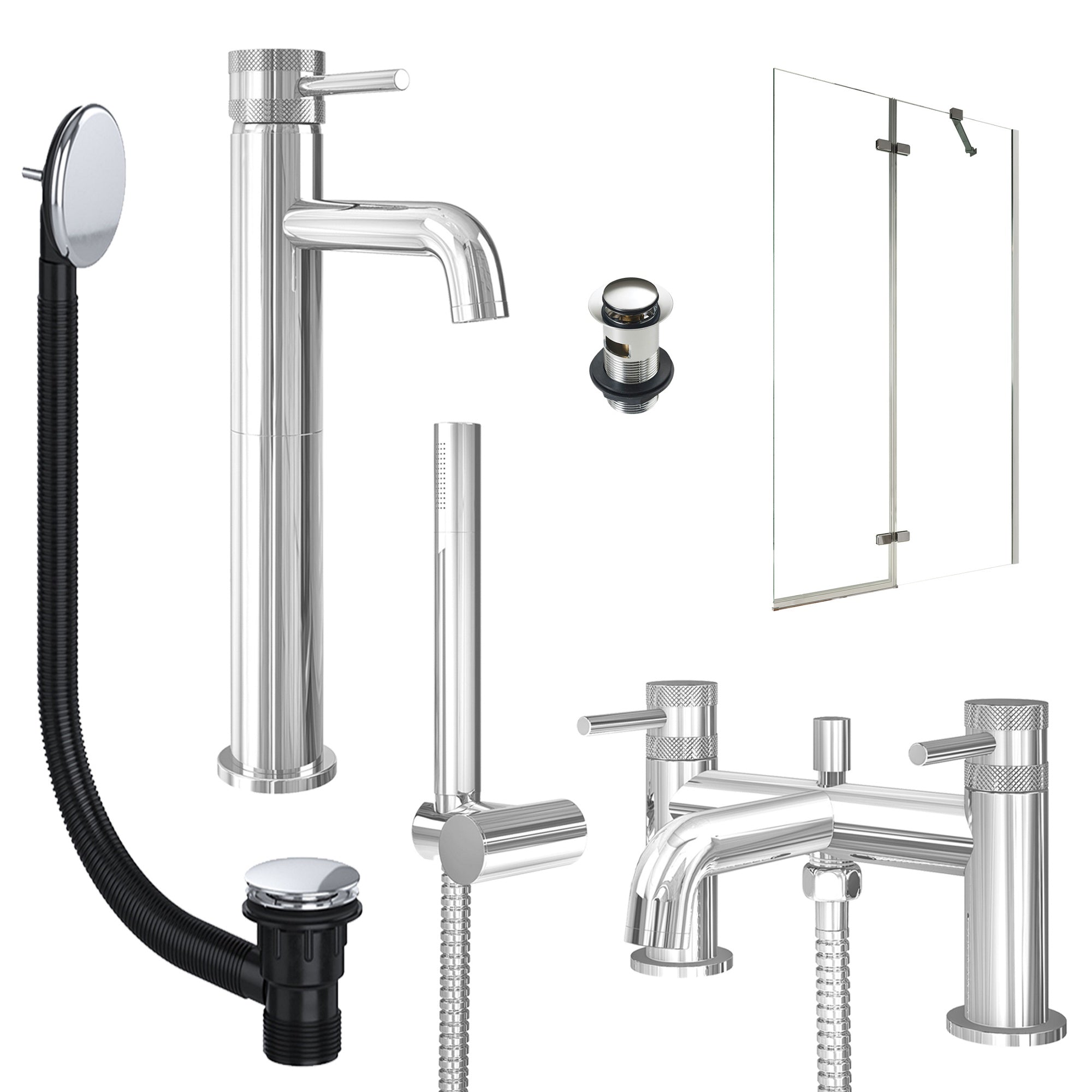 Chrome Tall Basin Mixer Tap, Bath Shower Mixer with Slotted Basin and Bath Waste and Pivot Bath Screen