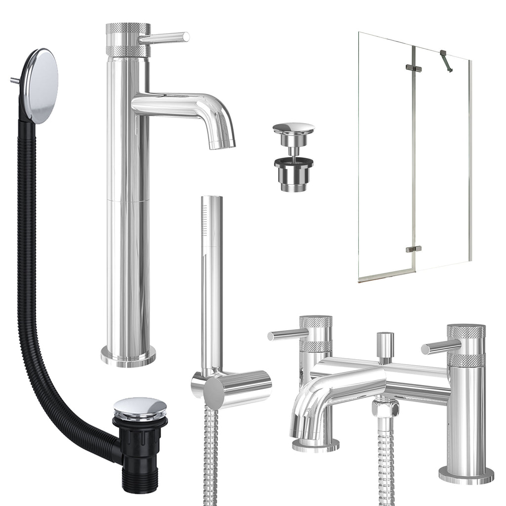 Chrome Tall Basin Mixer Tap, Bath Shower Mixer with Universal Basin and Bath Waste and Pivot Bath Screen