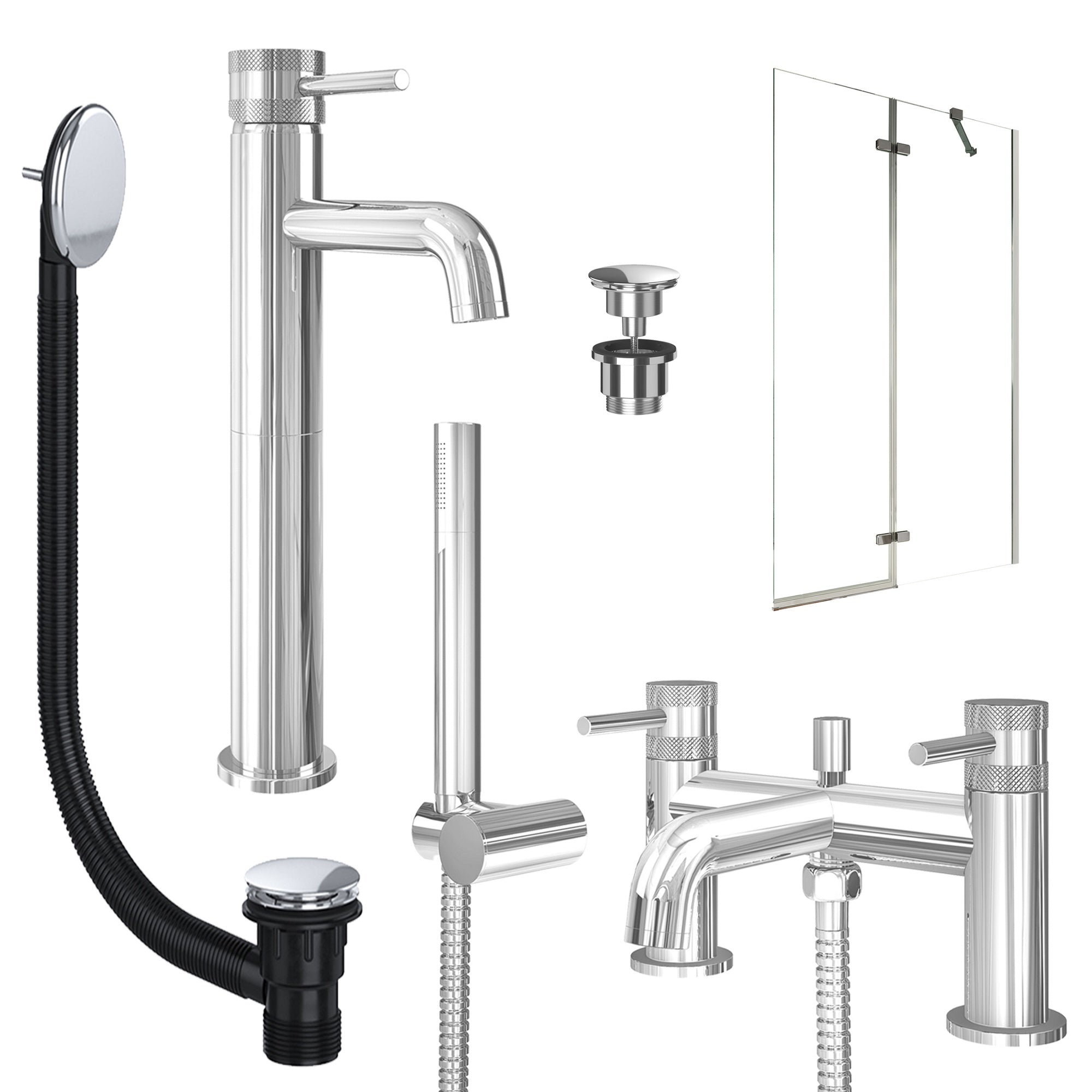Chrome Tall Basin Mixer Tap, Bath Shower Mixer with Universal Basin and Bath Waste and Pivot Bath Screen