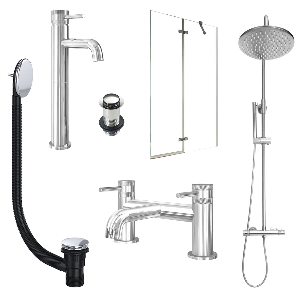 Chrome Tall Basin Mixer Tap, Bath Filler and Rigid Shower with Unslotted Basin and Bath Waste and Pivot Bath Screen