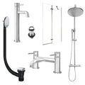 Chrome Tall Basin Mixer Tap, Bath Filler and Rigid Shower with Unslotted Basin and Bath Waste and Pivot Bath Screen
