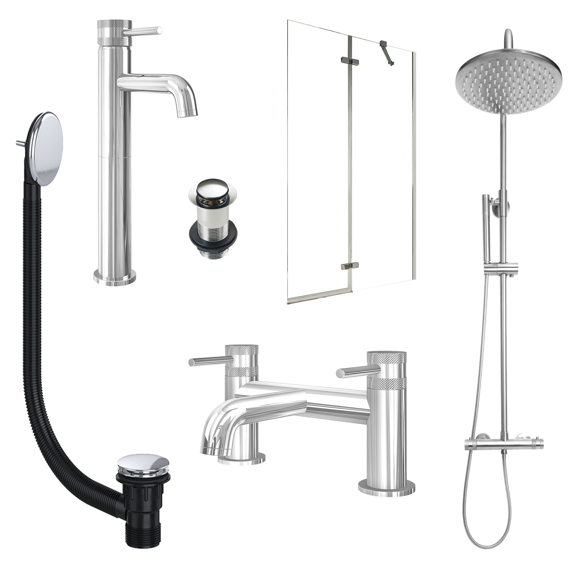 Chrome Tall Basin Mixer Tap, Bath Filler and Rigid Shower with Unslotted Basin and Bath Waste and Pivot Bath Screen