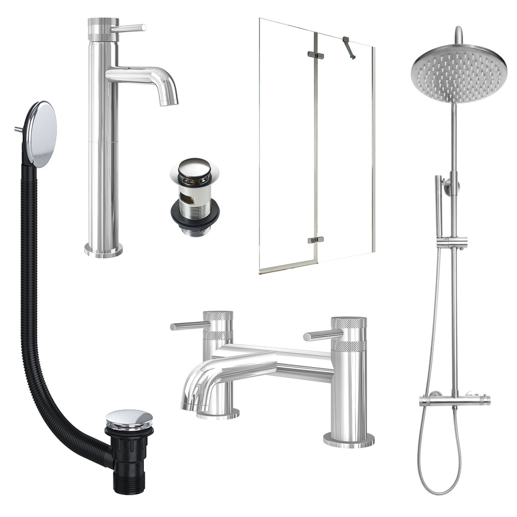 Chrome Tall Basin Mixer Tap, Bath Filler and Rigid Shower with Slotted Basin and Bath Waste and Pivot Bath Screen