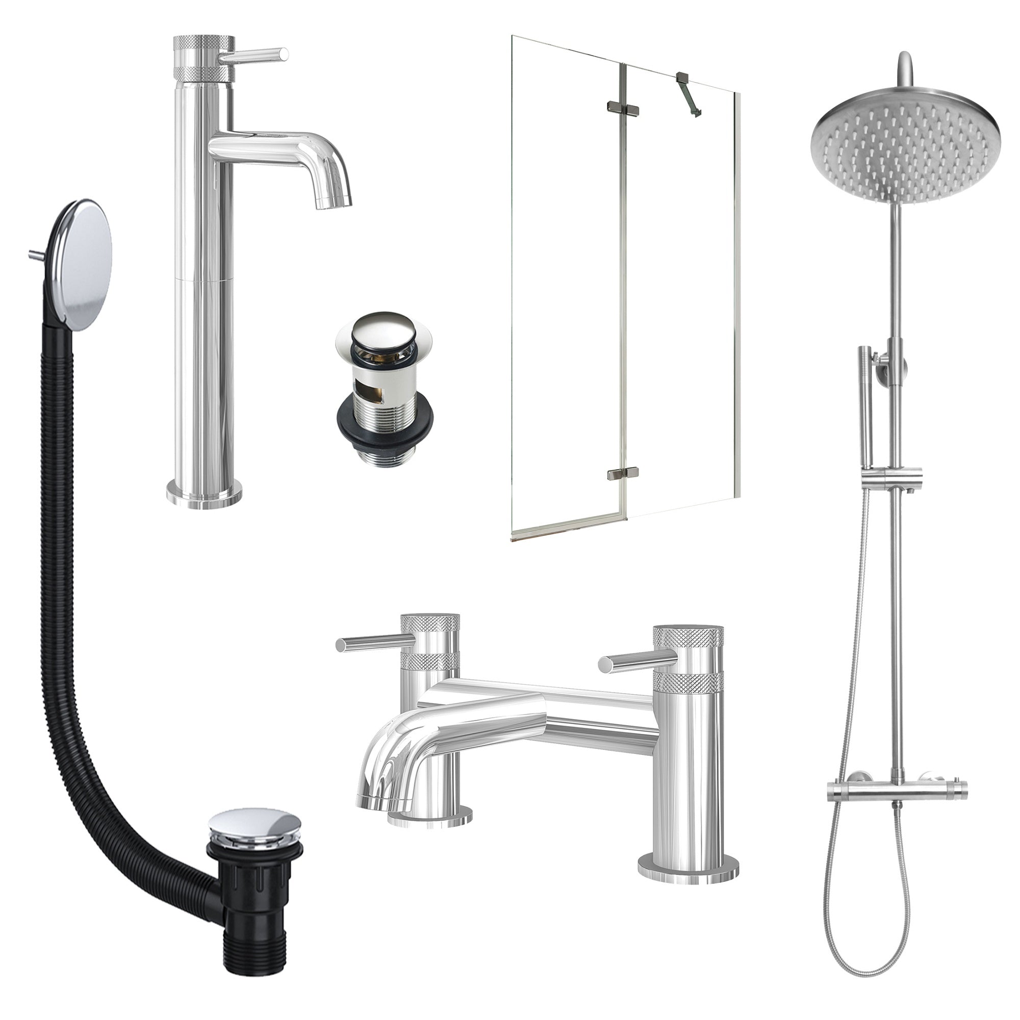 Chrome Tall Basin Mixer Tap, Bath Filler and Rigid Shower with Slotted Basin and Bath Waste and Pivot Bath Screen
