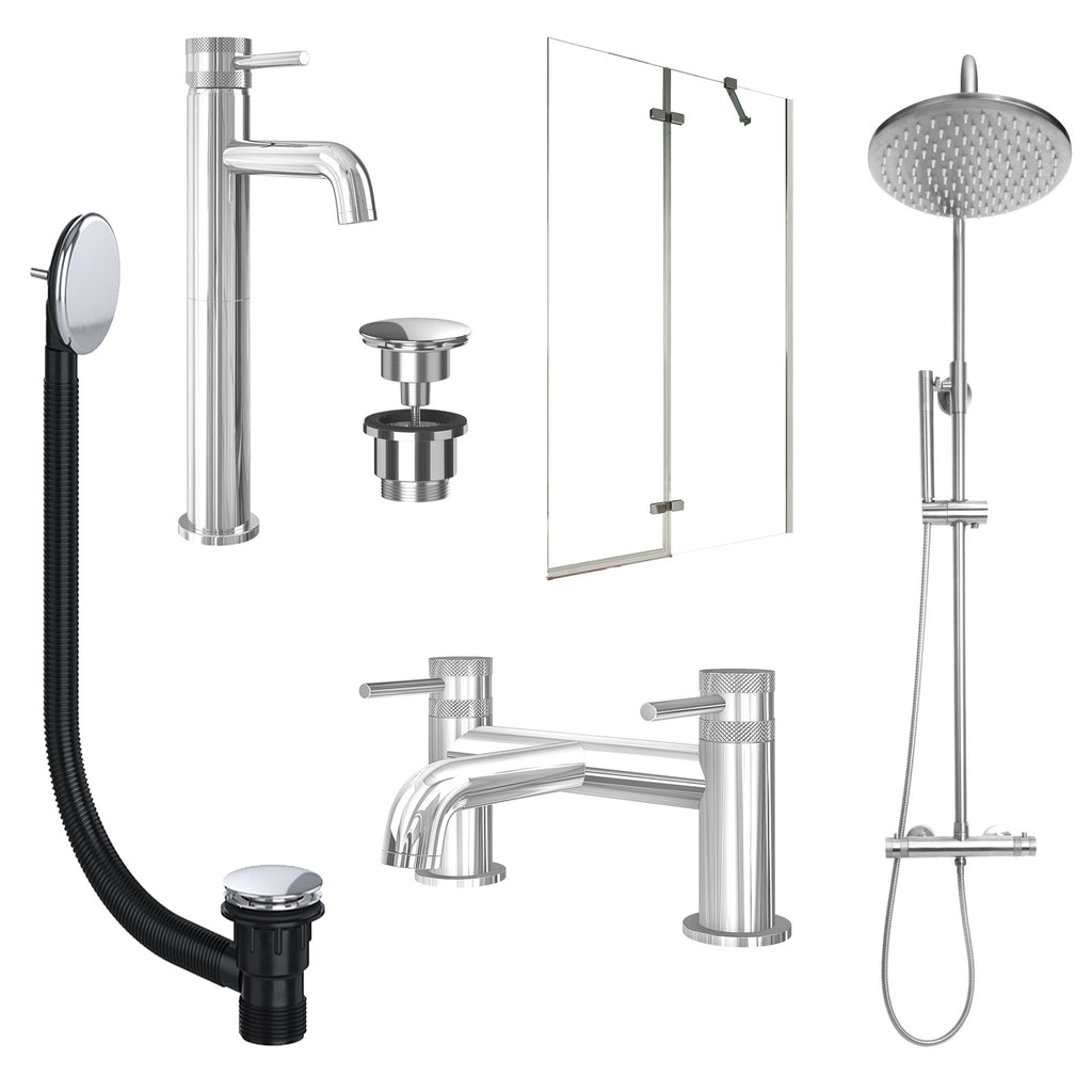 Chrome Tall Basin Mixer Tap, Bath Filler and Rigid Shower with Universal Basin and Bath Waste and Pivot Bath Screen