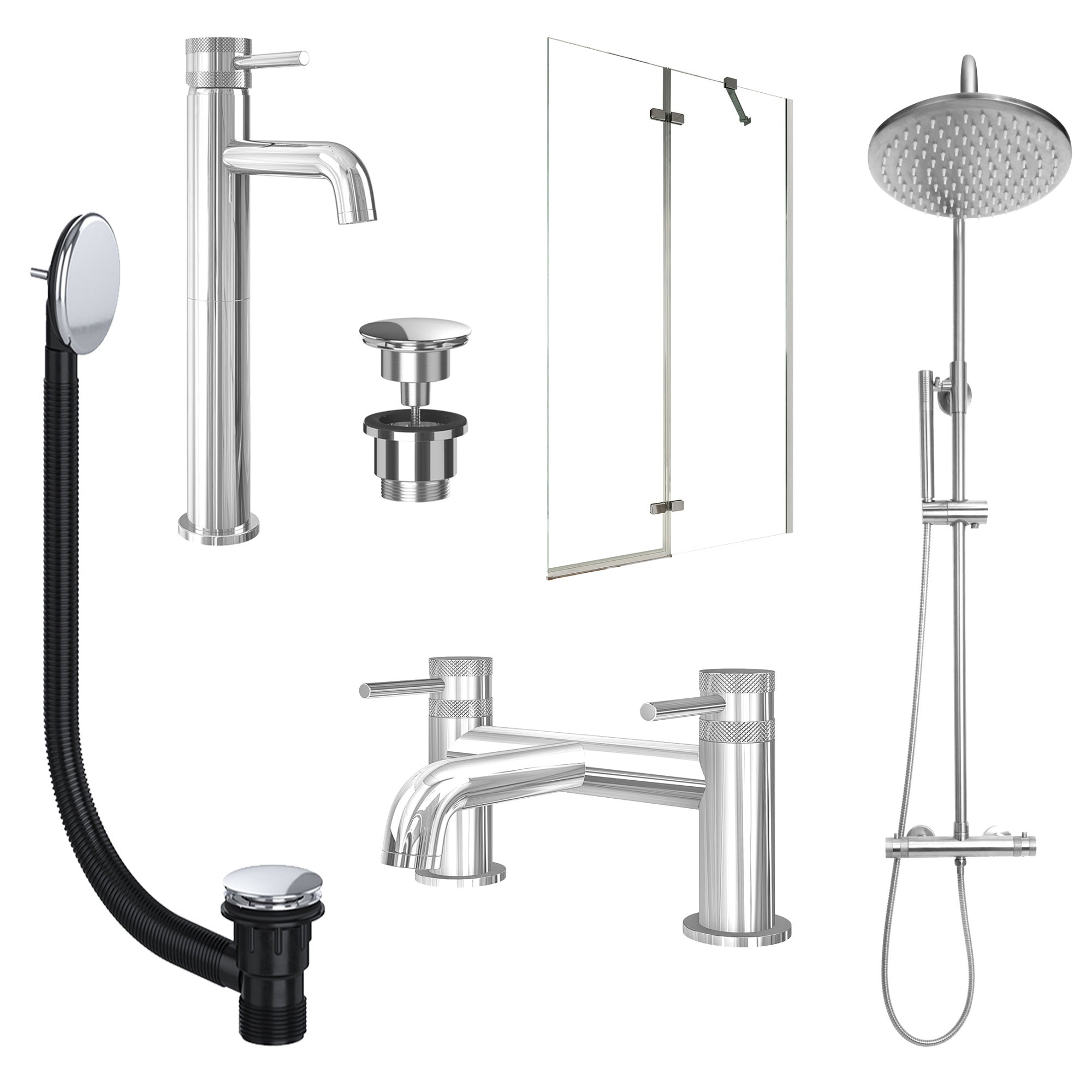 Chrome Tall Basin Mixer Tap, Bath Filler and Rigid Shower with Universal Basin and Bath Waste and Pivot Bath Screen