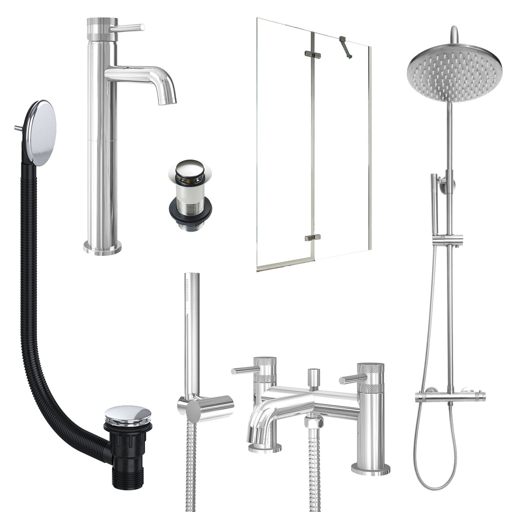 Chrome Tall Basin Mixer Tap, Bath Shower Mixer and Rigid Shower with Unslotted Basin and Bath Waste and Pivot Bath Screen