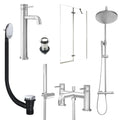 Chrome Tall Basin Mixer Tap, Bath Shower Mixer and Rigid Shower with Unslotted Basin and Bath Waste and Pivot Bath Screen