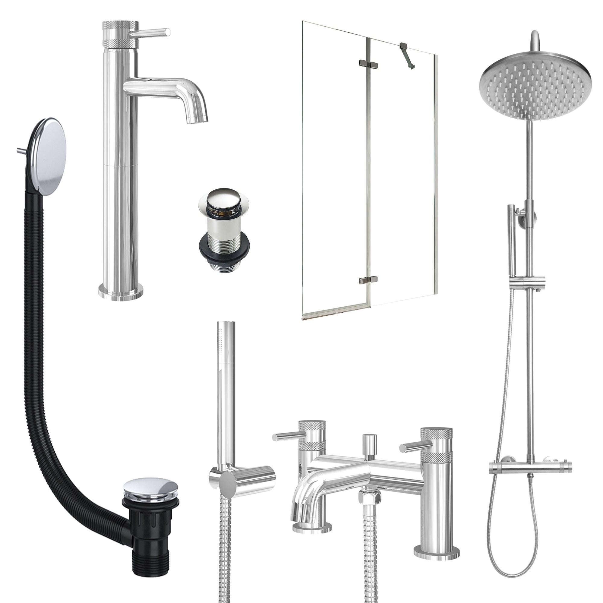 Chrome Tall Basin Mixer Tap, Bath Shower Mixer and Rigid Shower with Unslotted Basin and Bath Waste and Pivot Bath Screen