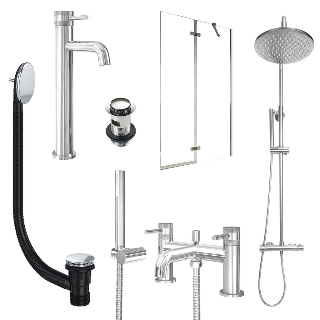 Chrome Tall Basin Mixer Tap, Bath Shower Mixer and Rigid Shower with Slotted Basin and Bath Waste and Pivot Bath Screen