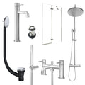 Chrome Tall Basin Mixer Tap, Bath Shower Mixer and Rigid Shower with Slotted Basin and Bath Waste and Pivot Bath Screen