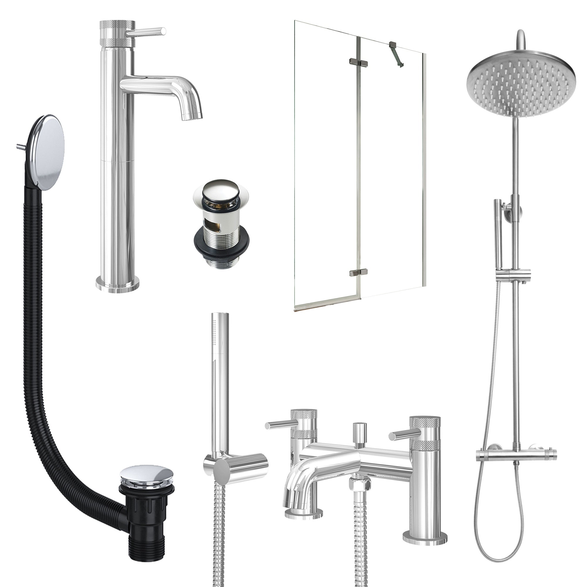 Chrome Tall Basin Mixer Tap, Bath Shower Mixer and Rigid Shower with Slotted Basin and Bath Waste and Pivot Bath Screen