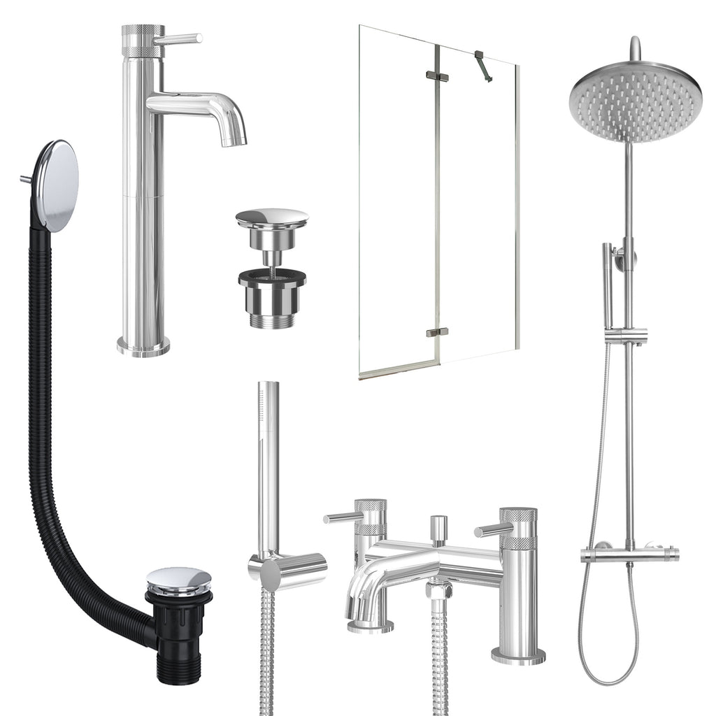 Chrome Tall Basin Mixer Tap, Bath Shower Mixer and Rigid Shower with Universal Basin and Bath Waste and Pivot Bath Screen