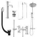 Chrome Tall Basin Mixer Tap, Bath Shower Mixer and Rigid Shower with Universal Basin and Bath Waste and Pivot Bath Screen
